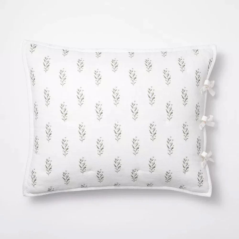 Standard Lofty Cotton Slub Wood Block Floral Sham White - Threshold Studio McGee